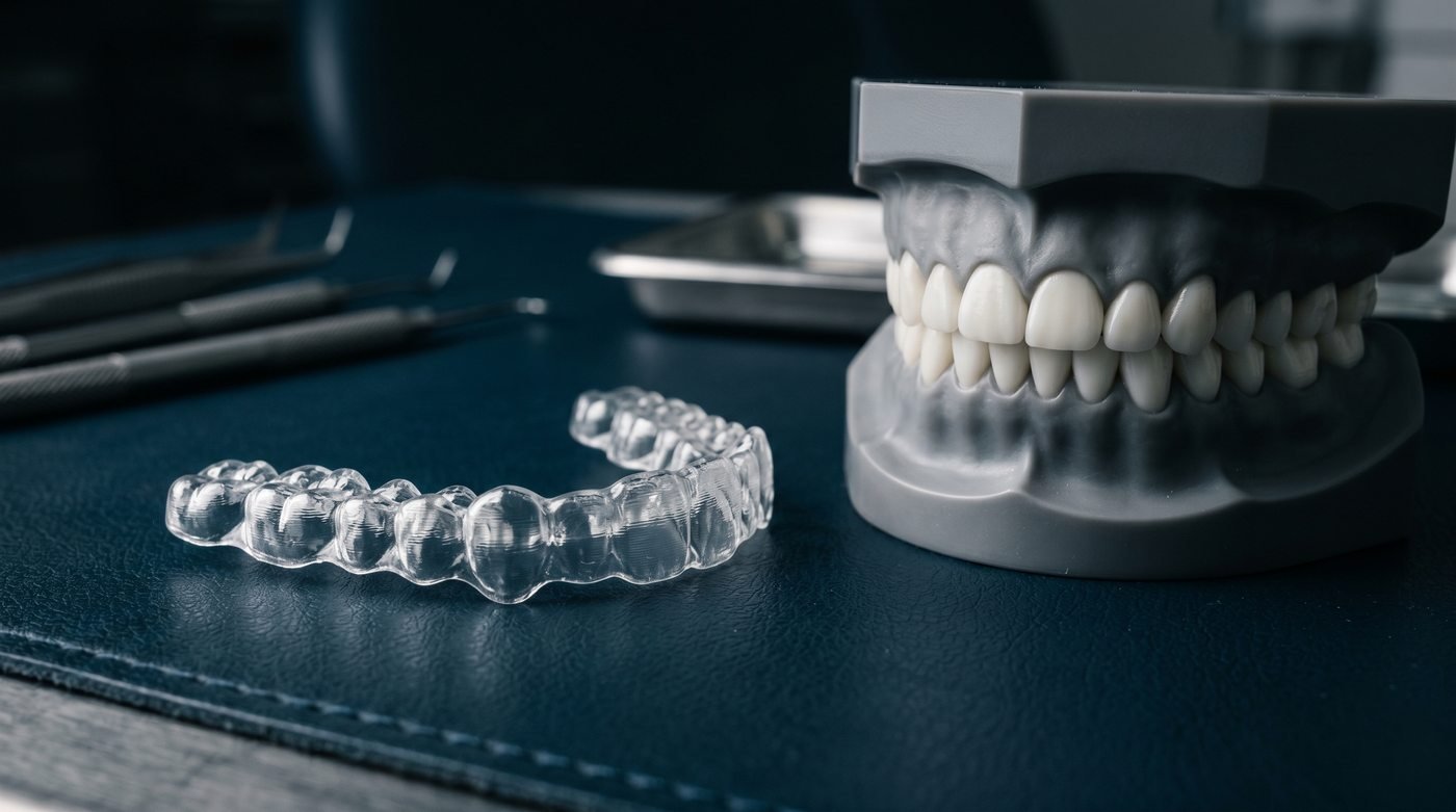 Premium clear dental aligner tray next to dental model at ID Wellness Dental Newark NJ