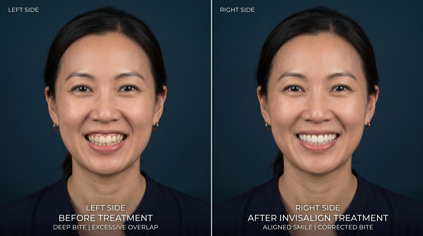 Before and after clear aligner treatment for Asian female with deep bite at ID Wellness Dental Newark NJ