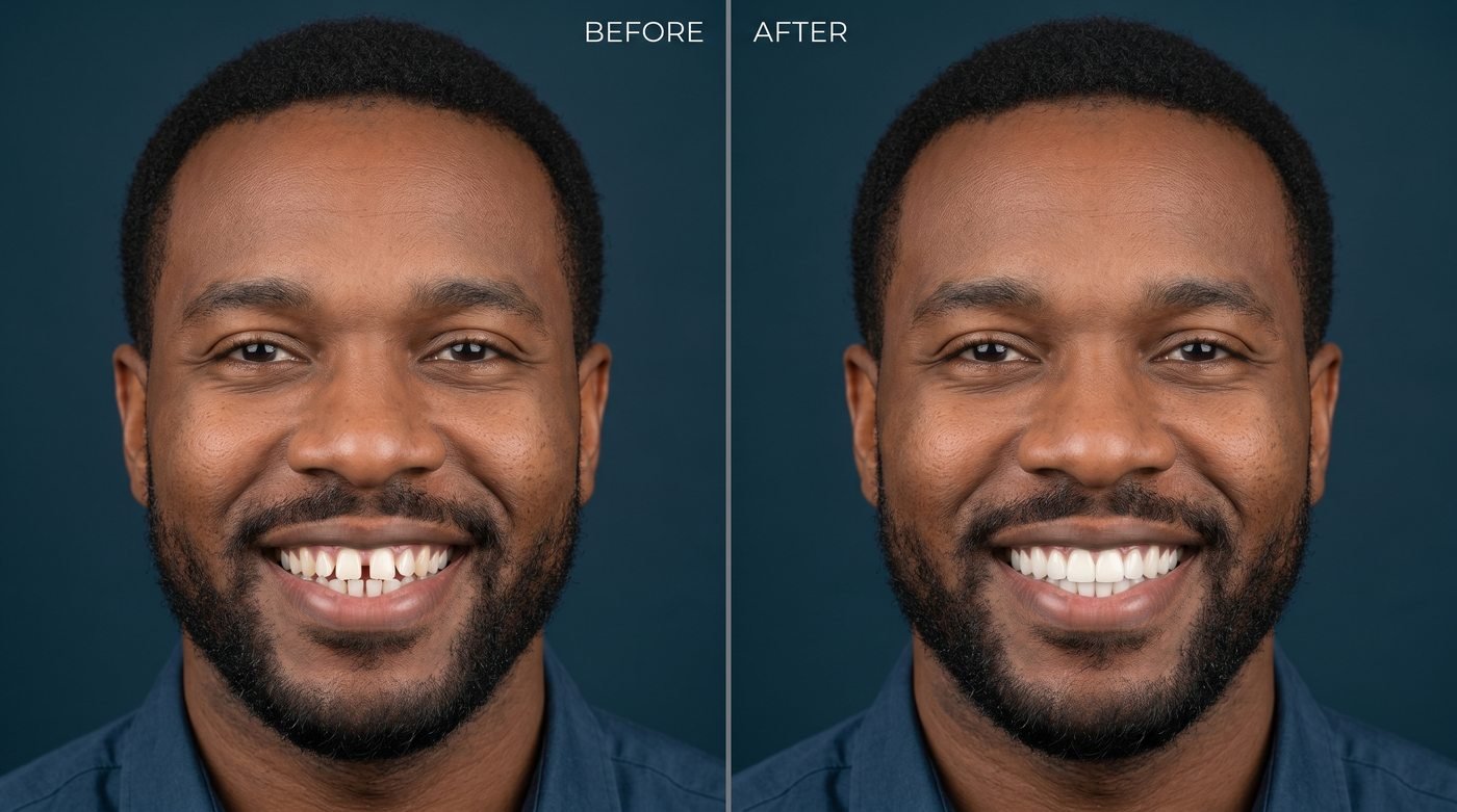 Before and after Invisalign treatment for Black male patient with gap teeth at ID Wellness Dental Newark