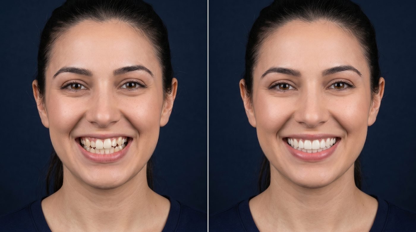 Before and after clear aligner treatment showing straighter smile at ID Wellness Dental Newark