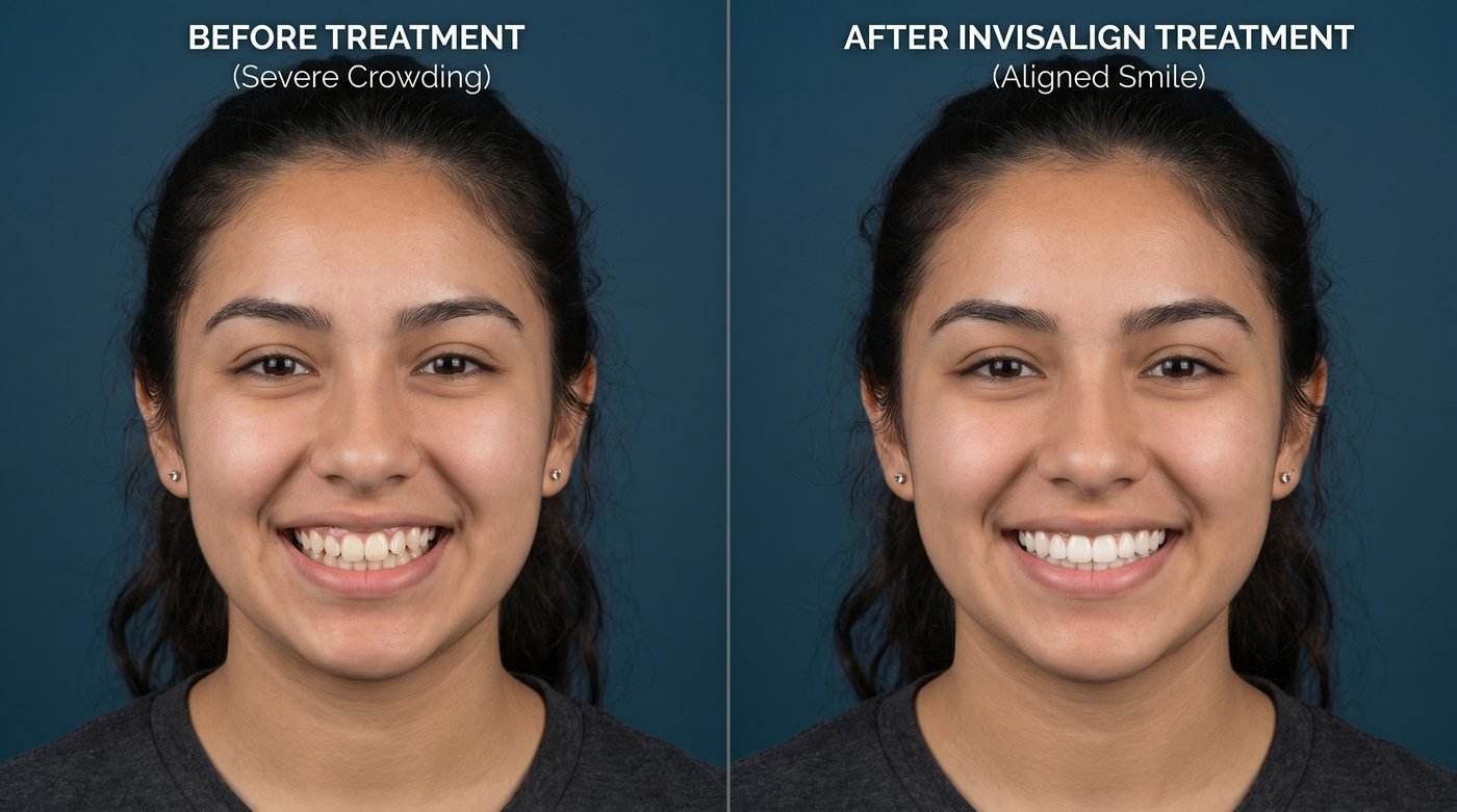 Before and after clear aligner treatment for teen with severe crowding at ID Wellness Dental Newark NJ