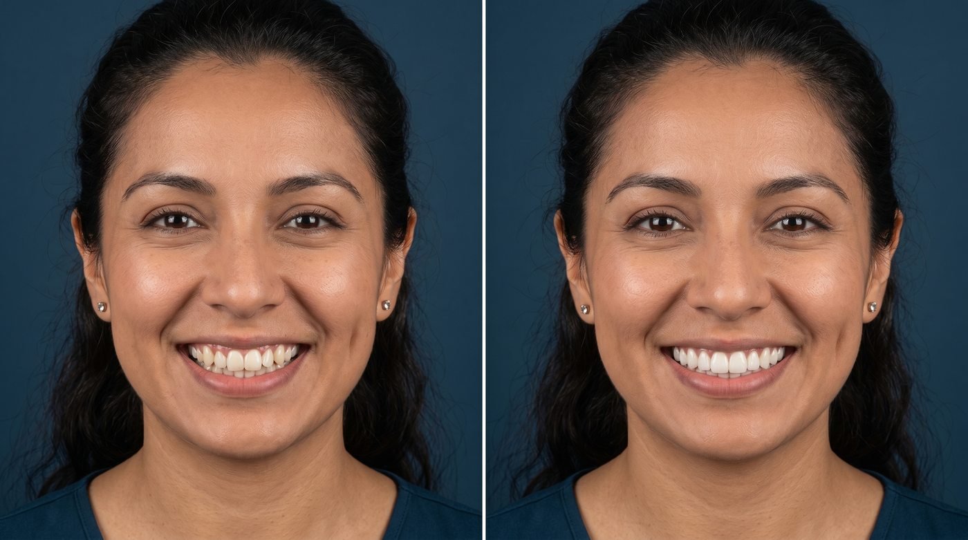 Before and after clear aligners for woman with crowded teeth at ID Wellness Dental Newark NJ