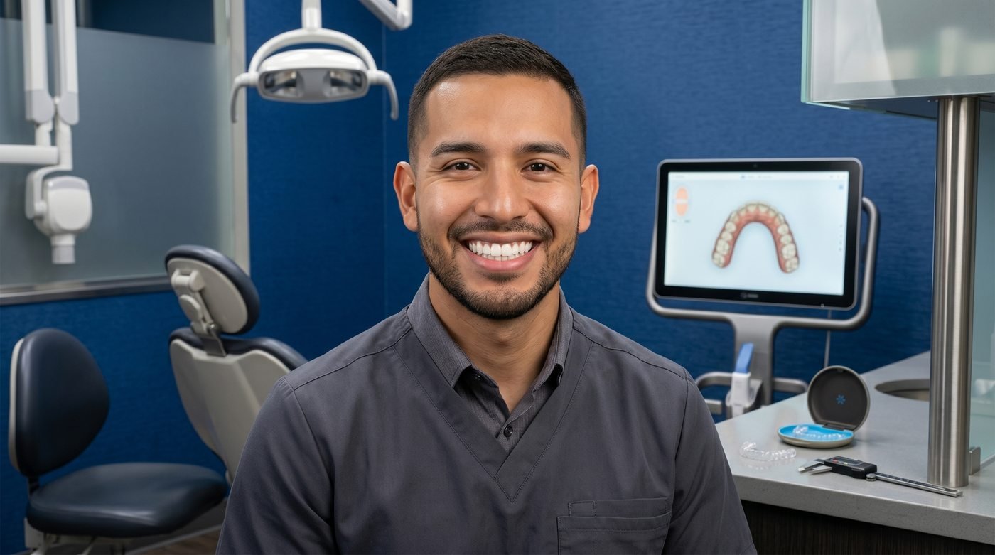Young Latino professional smiling with straight teeth after clear aligner treatment at ID Wellness Dental Newark NJ