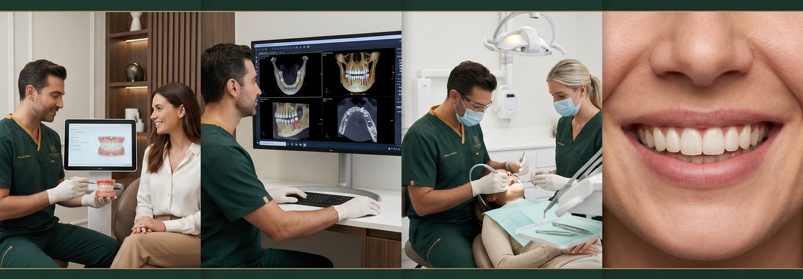 Quatro etapas do tratamento de implante dentário: consulta, planejamento com escaneamento 3D CBCT, colocação do implante e coroa final